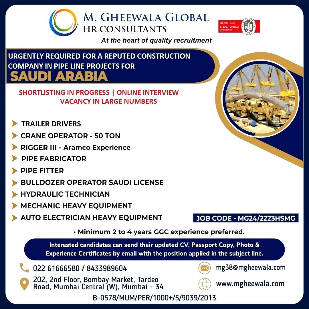 Urgent Hiring For Pipeline Projects In Saudi Arabia Large Vacancies