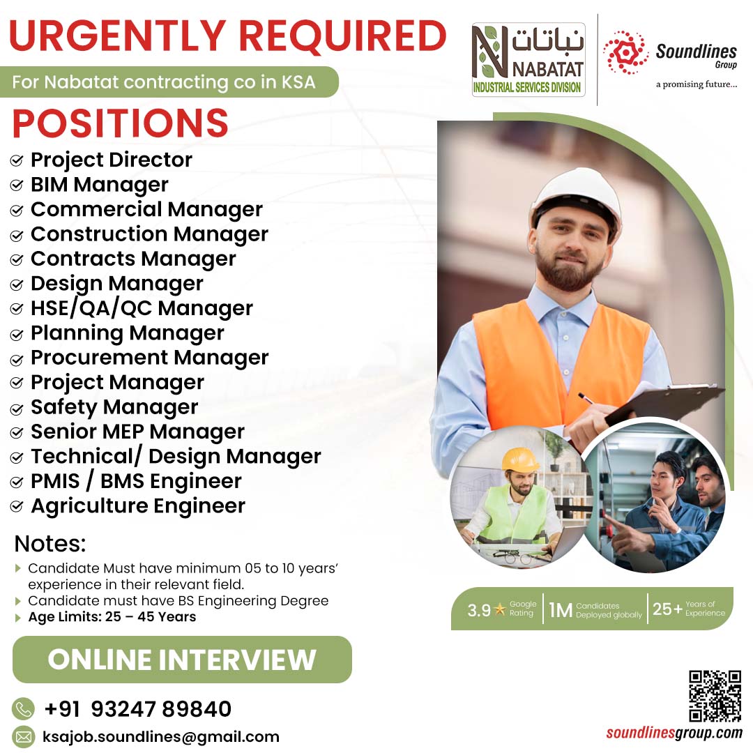 Saudi Arabia Jobs - Online Interview For Nabatat contracting company