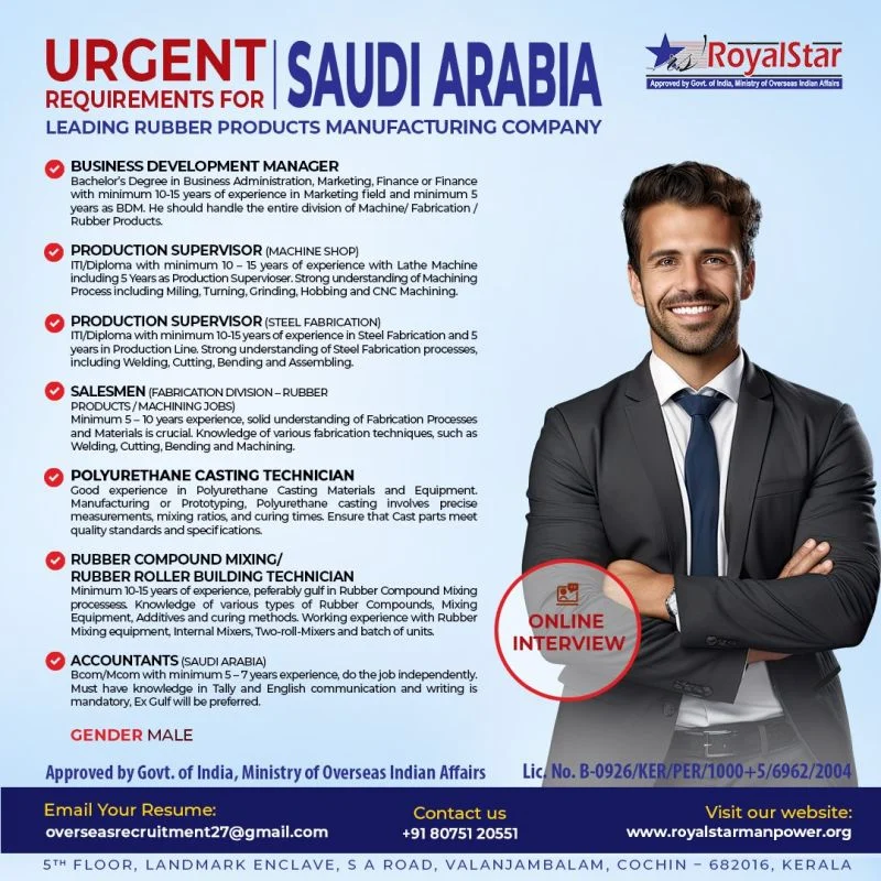 Job openings at a leading rubber products manufacturing company in Saudi Arabia
