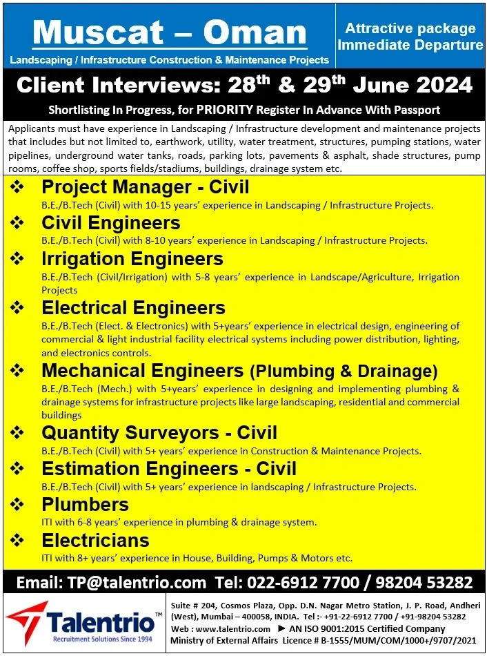 Job Vacancy for various engineering and construction positions in Muscat, Oman