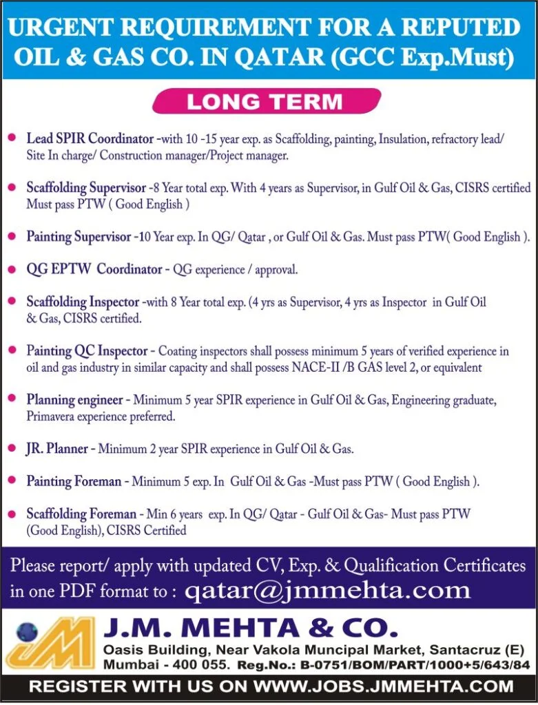 Job vacancies in a reputed oil and gas company in Qatar