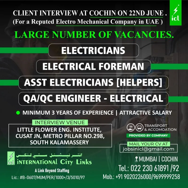 Job Vacancies for a reputed electro-mechanical company in the UAE