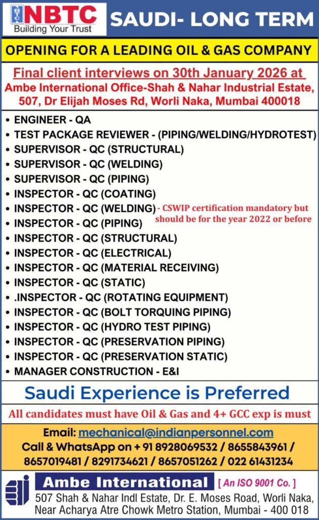 Saudi Arabia Oil & Gas Jobs – Urgent Final Client Interviews on 30th ...