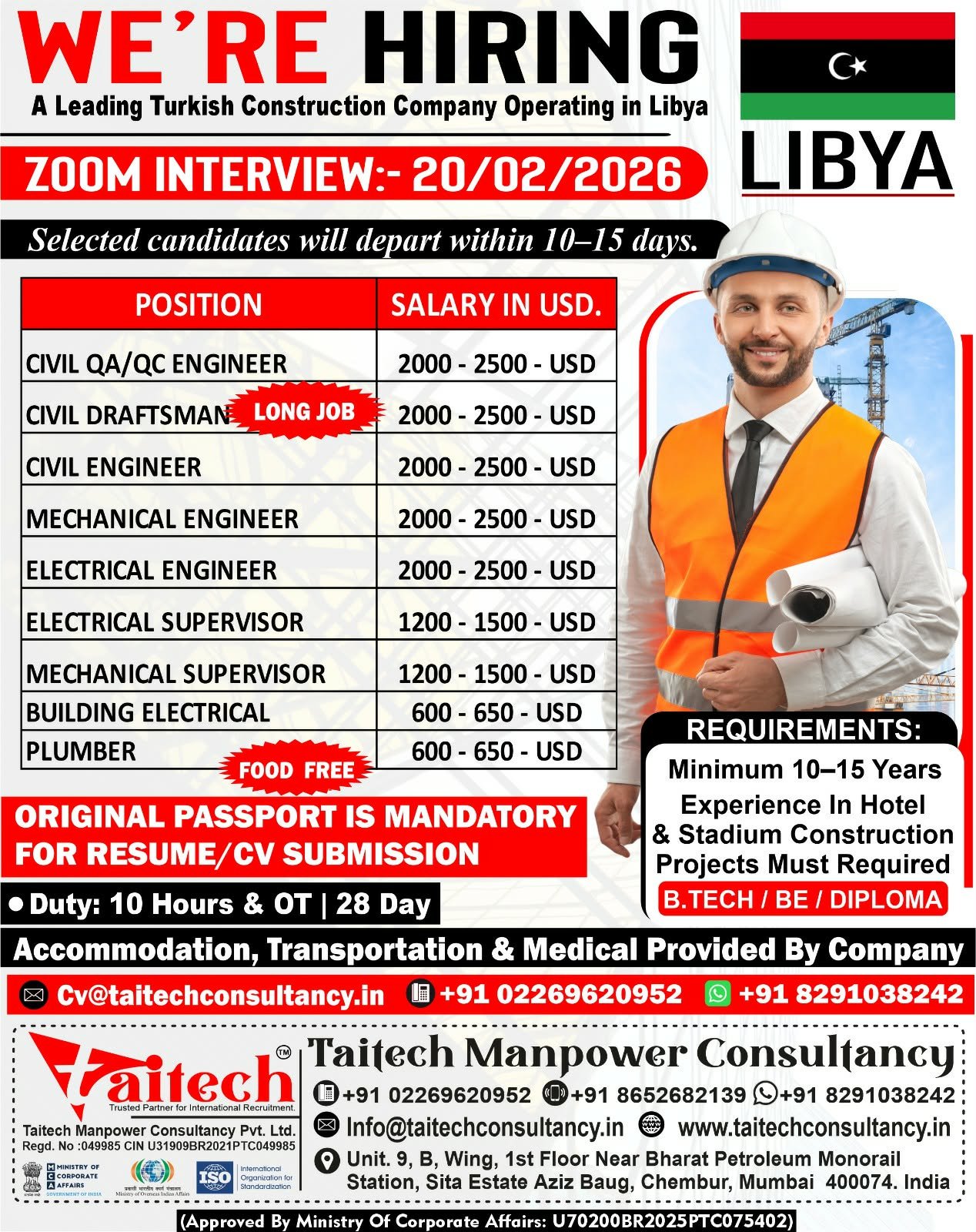 Libya Construction Jobs 2026 – Civil, Mechanical & Electrical Engineers | USD Salary | Zoom Interview