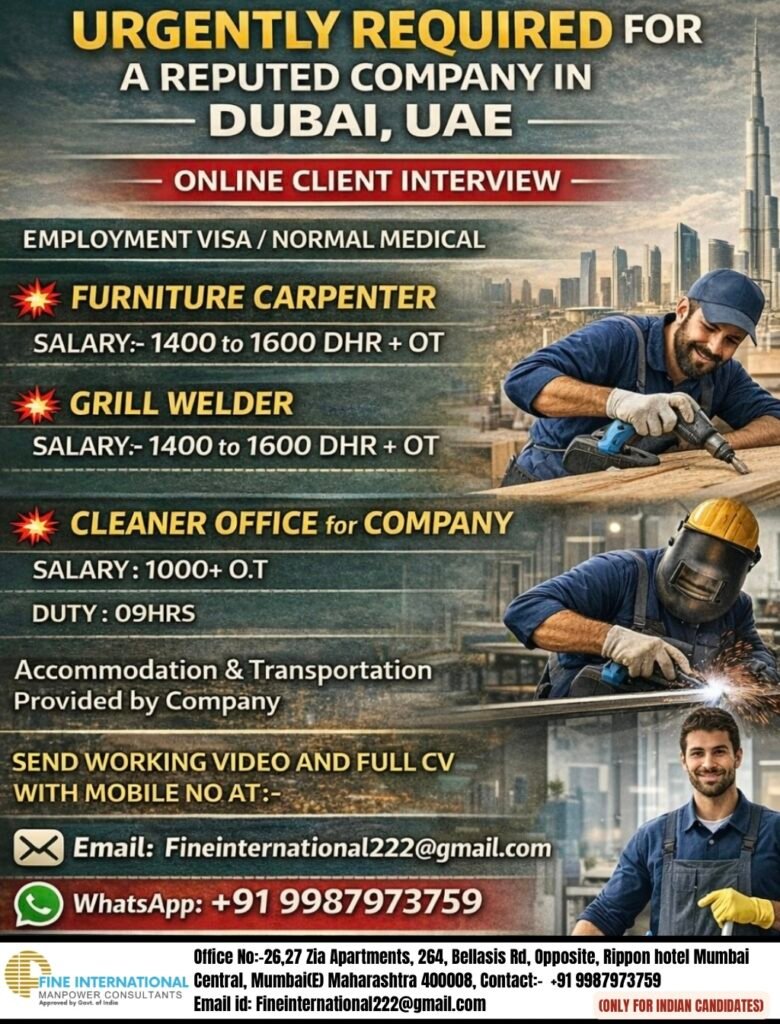 Urgent Dubai Job Vacancies 2026: hiring skilled and semi-skilled Indian workers for a reputed company