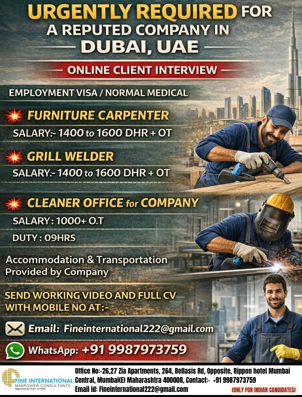 Urgent Dubai Job Vacancies 2026: hiring skilled and semi-skilled Indian workers for a reputed company