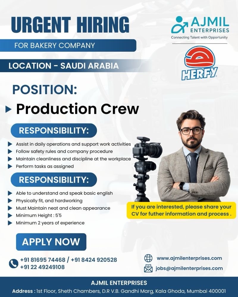 Urgent Hiring for Food Manufacturing Company – Saudi Arabia