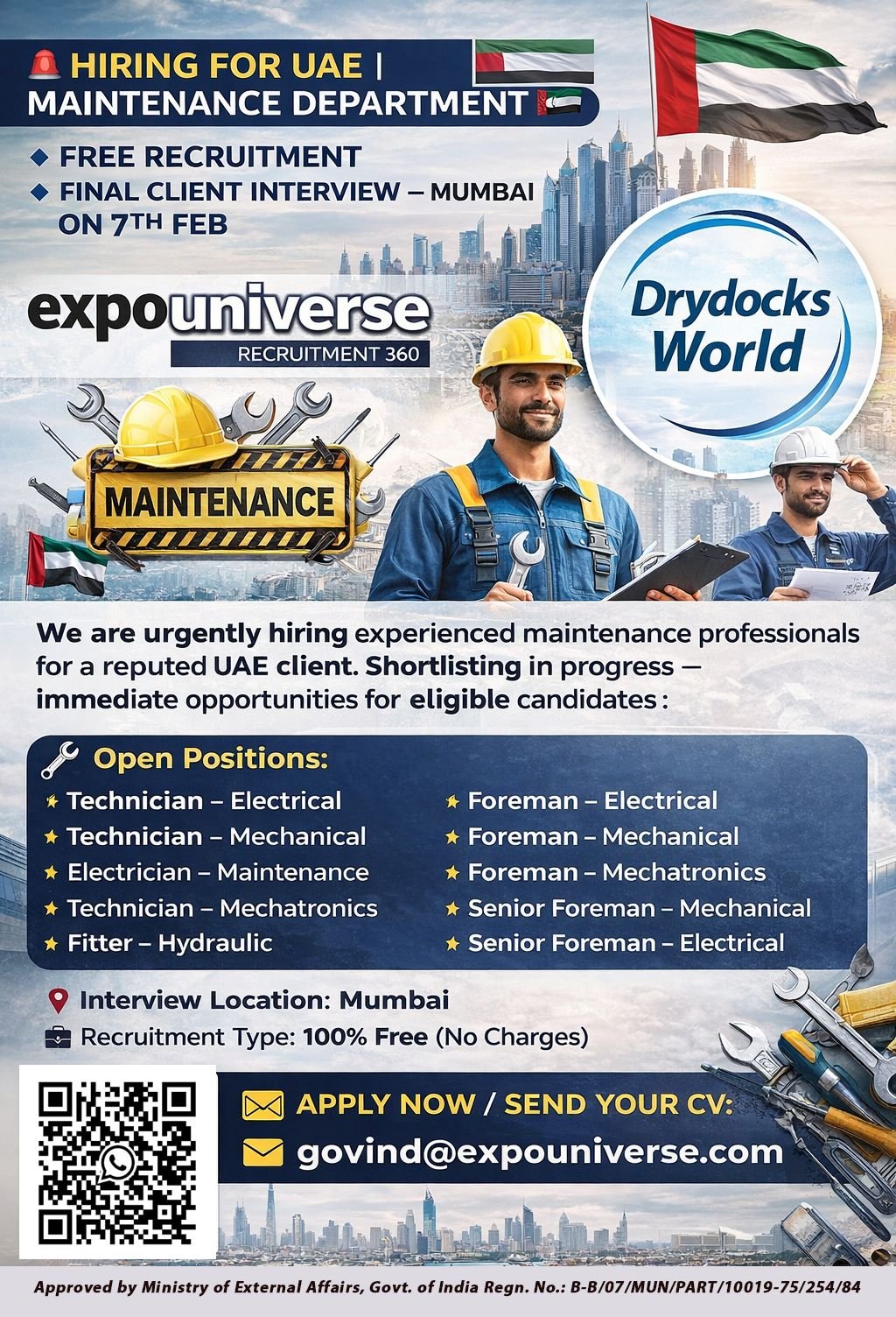 Urgent hiring for UAE maintenance department jobs with final client interview in Mumbai on 07 February