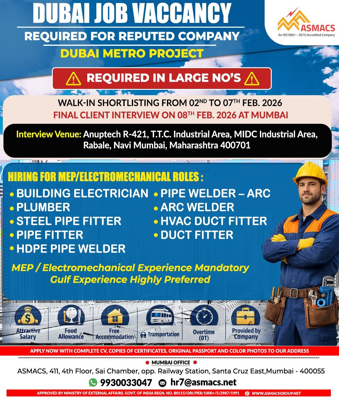 Dubai Metro Project job vacancy with walk-in shortlisting and final client interview in Mumbai February 2026