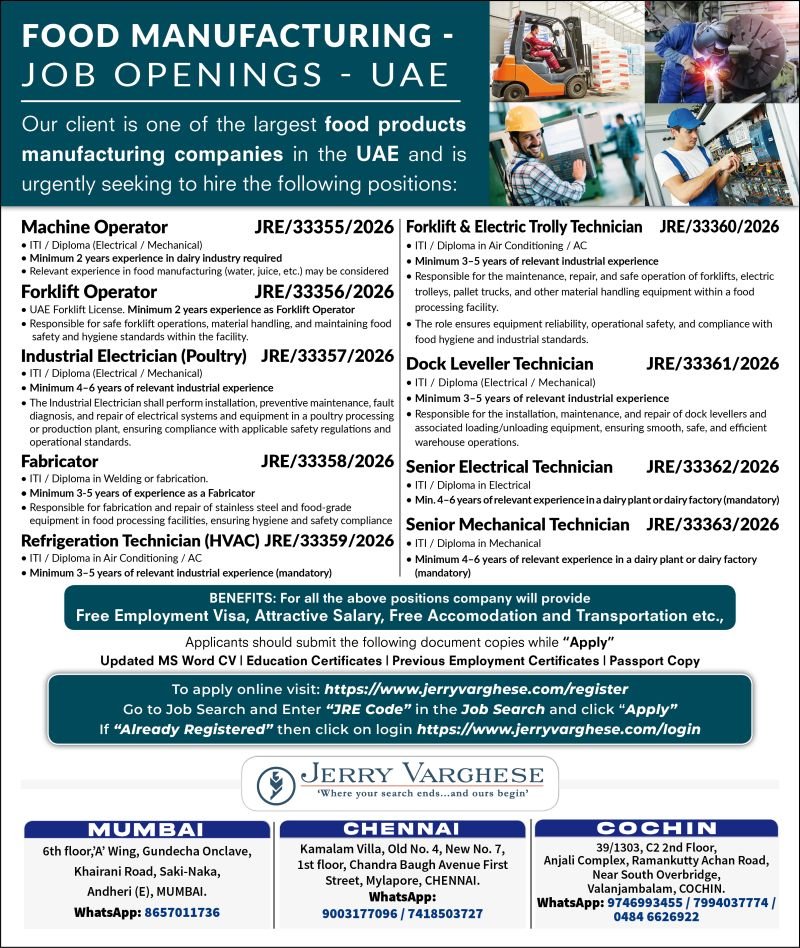UAE food manufacturing job openings for machine operators technicians electricians and forklift operators