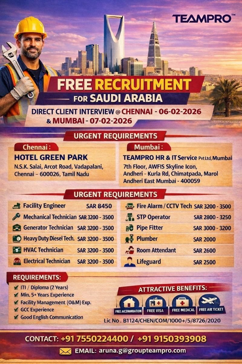 Saudi Arabia free recruitment 2026 by TeamPro showing direct client interview details in Chennai and Mumbai for facility engineer, mechanical technician, HVAC technician, electrical technician, plumber, pipe fitter and other technical jobs with salary and benefits