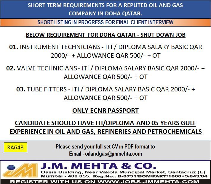 Urgent Qatar Shutdown Jobs 2026 – Instrument Technician, Valve Technician & Tube Fitter Vacancies