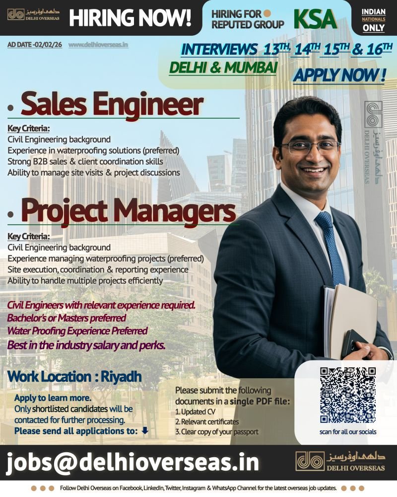 hiring Sales Engineers & Project Managers for a reputed group in Saudi Arabia.