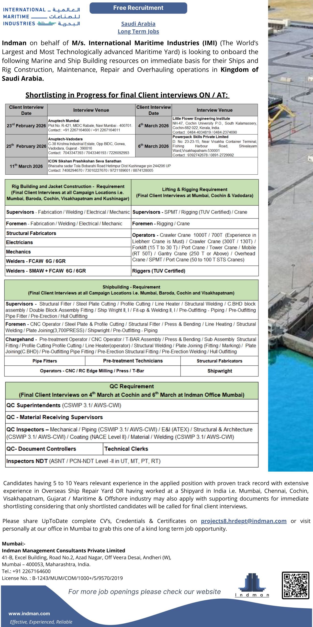 Urgent IMI Saudi Arabia Jobs 2026 – Rig Building, Shipbuilding & Crane Operator Vacancies
