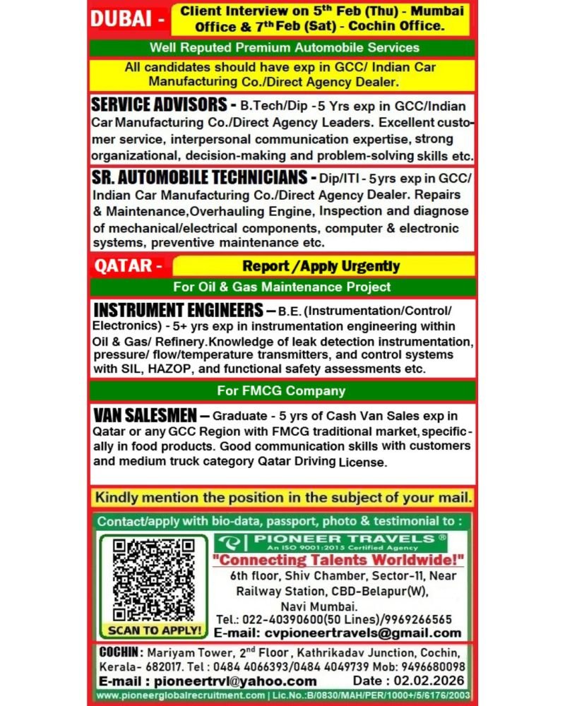 Urgent Jobs in Dubai & Qatar 2026 - Hiring or an Automobile Company and CV Selection of Oil & Gas Project.