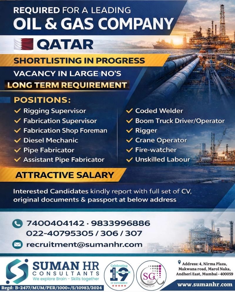 Qatar oil and gas jobs 2026 large vacancies long term requirement for welders riggers fabricators crane operators and supervisors through Suman HR Consultants