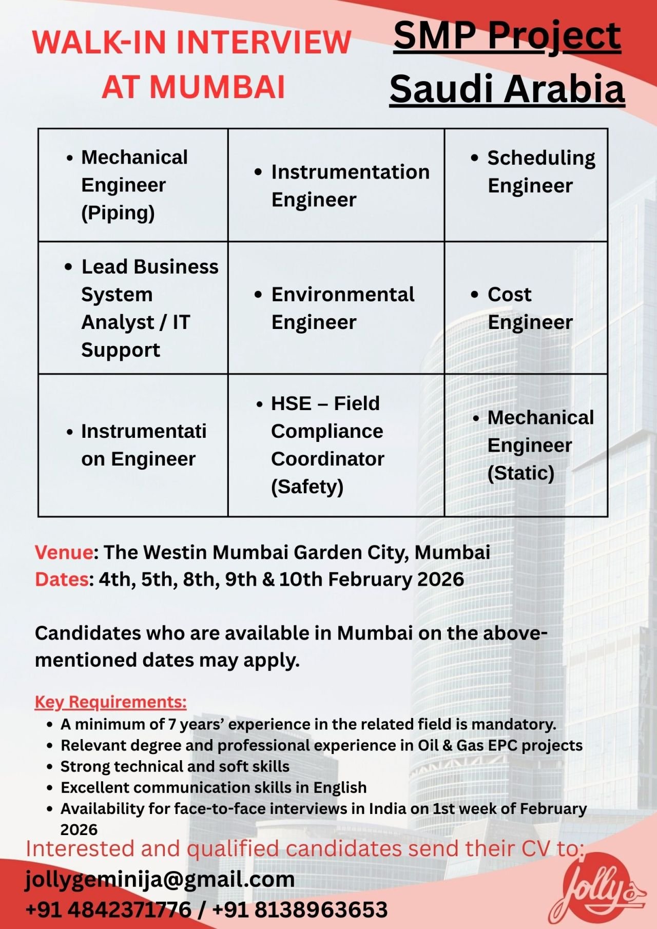 Saudi Arabia SMP Project Jobs 2026 – Walk-In Interview in Mumbai
