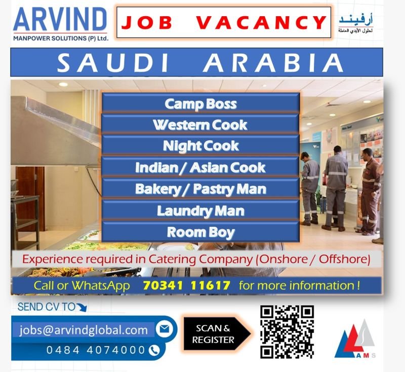 Saudi Arabia Catering Jobs 2026 – Onshore and Offshore projects.