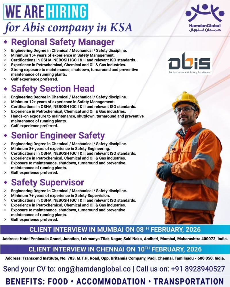 hiring for Abis company in Saudi Arabia - Apply Now