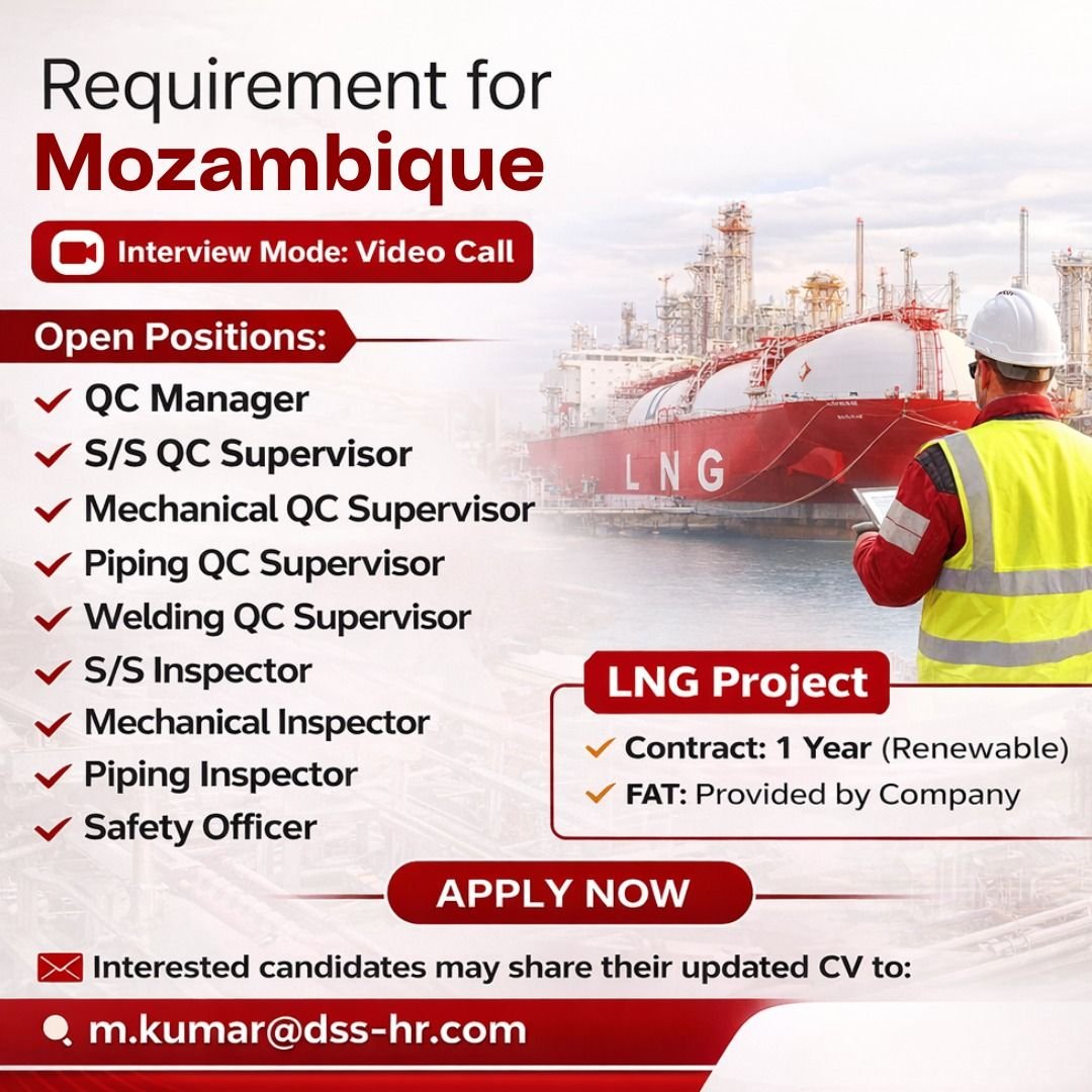 Mozambique LNG Project Jobs 2026 – QC Supervisors, Inspectors & Safety Officer | Video Interview