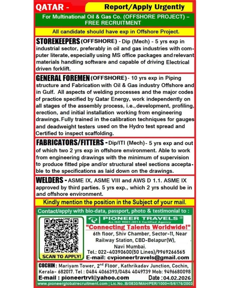 Qatar Jobs 2026 - Recruiting For a well-reputed Oil & Gas Company.