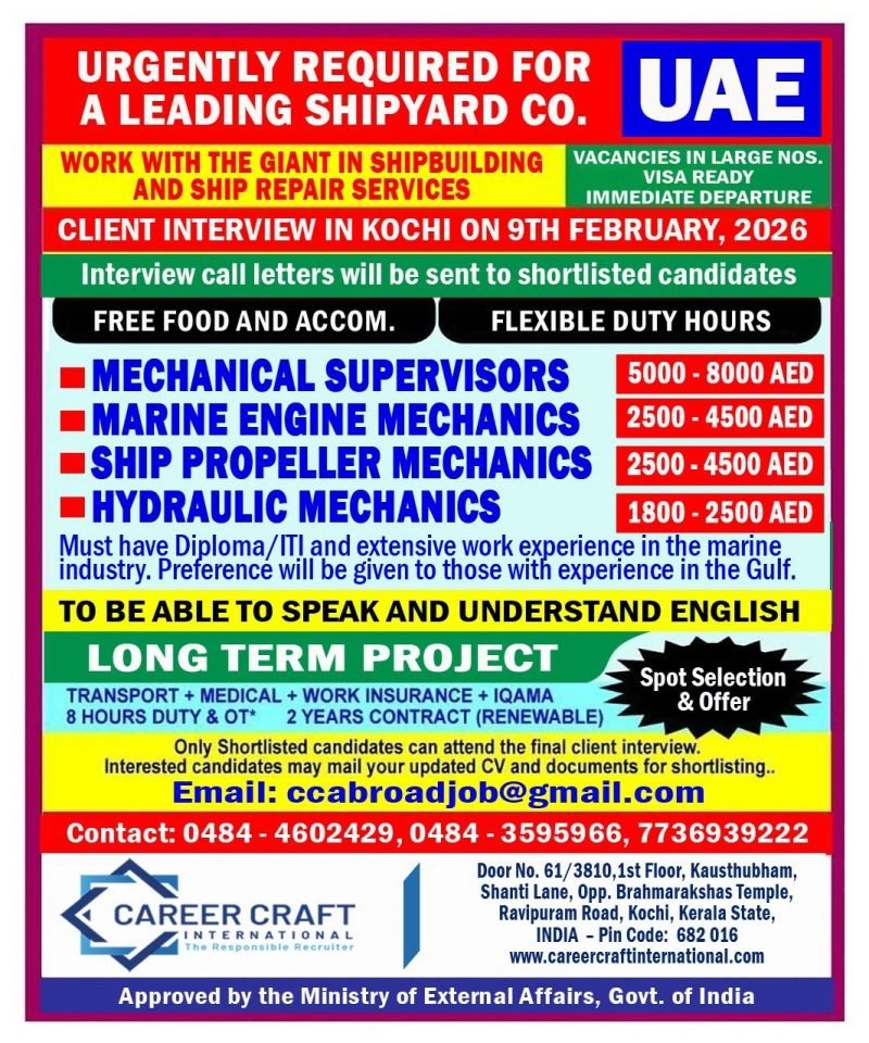 UAE shipyard jobs 2026 hiring mechanical supervisors marine engine mechanics ship propeller mechanics and hydraulic mechanics with client interview in Kochi through Career Craft International