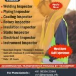 Urgently hiring Inspectors for a leading company in Kingdom of Saudi Arabia (KSA).