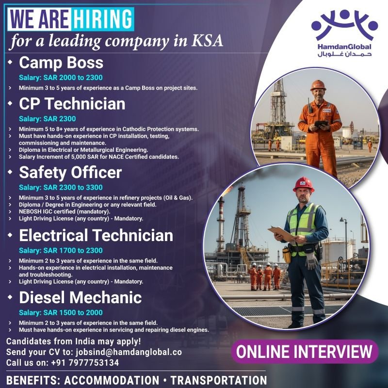 Urgently hiring for a leading company in Saudi Arabia - Online interview