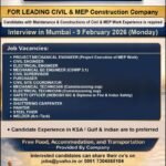 Saudi Arabia final client interview 2026 for civil and MEP construction jobs including engineers technicians supervisors and skilled workers in Mumbai
