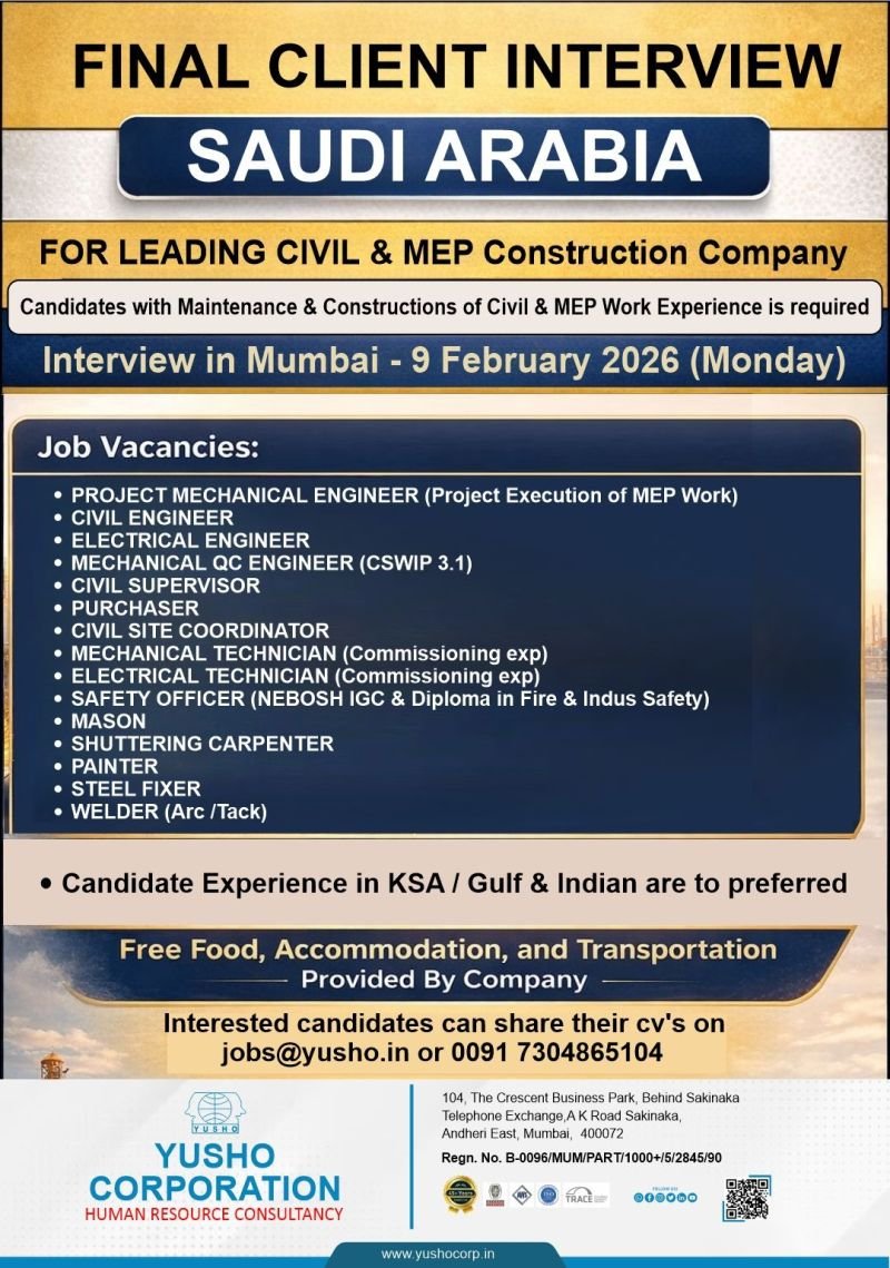 Saudi Arabia final client interview 2026 for civil and MEP construction jobs including engineers technicians supervisors and skilled workers in Mumbai