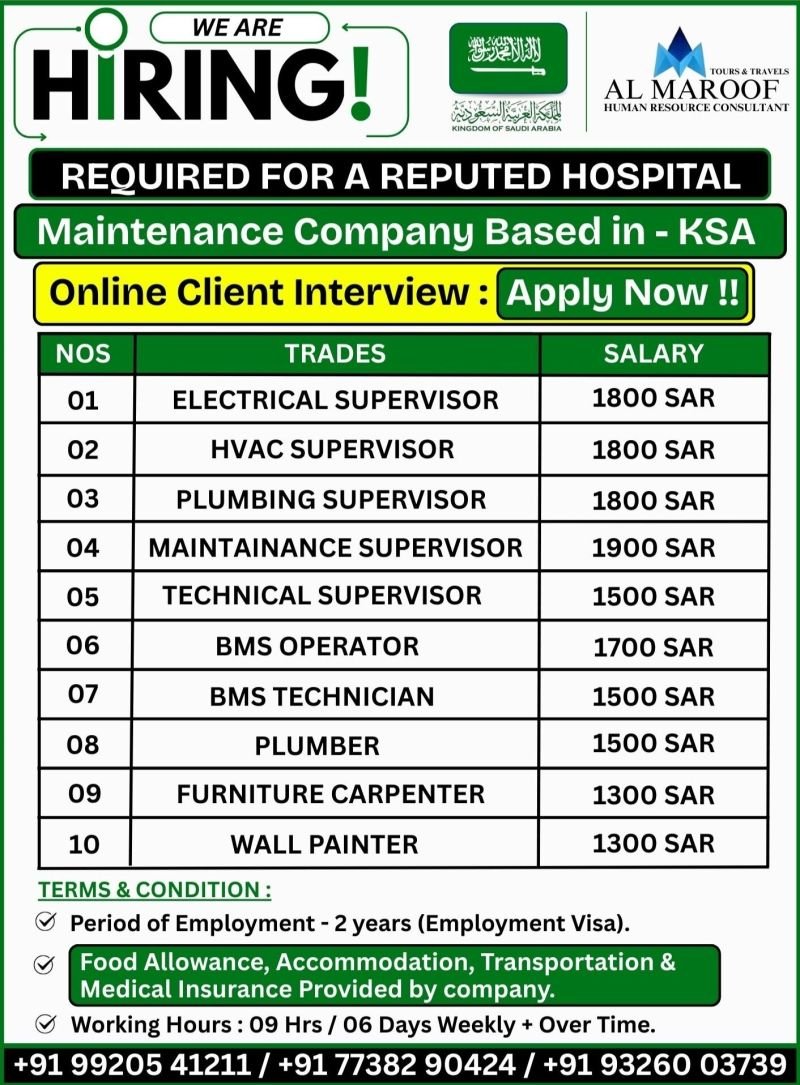 Saudi Arabia Hospital Maintenance Jobs 2026 | Online Interview