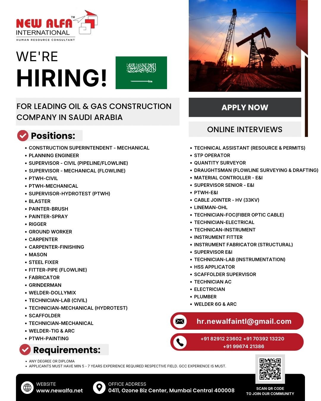 Saudi Arabia oil and gas construction jobs 2026 with online interview by New Alfa International