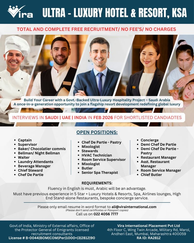 Urgently Hiring For Ultra-Luxury Hotel & Resort in Saudi Arabia 