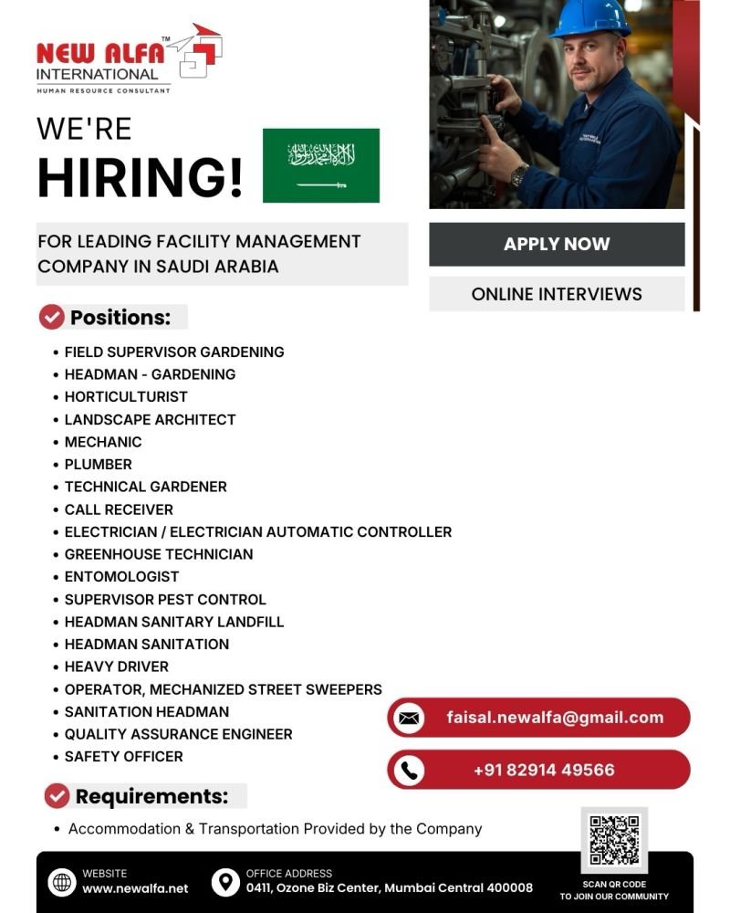 Saudi Arabia facility management job vacancy poster hiring supervisors, gardeners, electricians, plumbers, drivers, sanitation staff, QA engineers, and safety officers with online interviews by New Alfa International