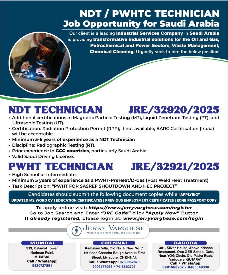 Hiring NDT / PWHTC Technician for Saudi Arabia