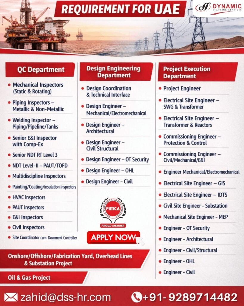 Hiring for Global Oil & Gas Projects in Gulf, MENA & Europe region - Apply Today