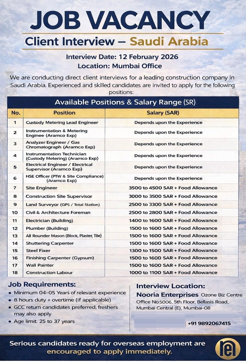 Saudi Arabia Construction & Engineering Jobs 2026: Client Interview on 12 February 2026