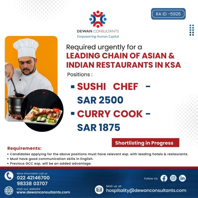 Saudi Arabia Jobs - Required Urgently for a Leading Chain of Asian & Indian Restaurant
