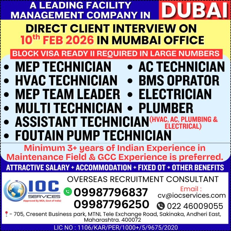 Dubai Facility Management Jobs 2026: MEP, HVAC, AC, Electrician & Technician Vacancies – Client Interview in Mumbai