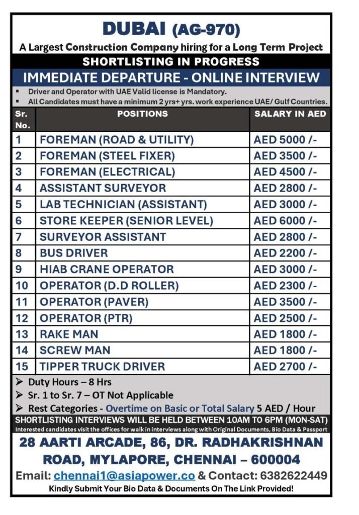 Dubai Jobs 2026 : Hiring Urgently For Largest Construction Company