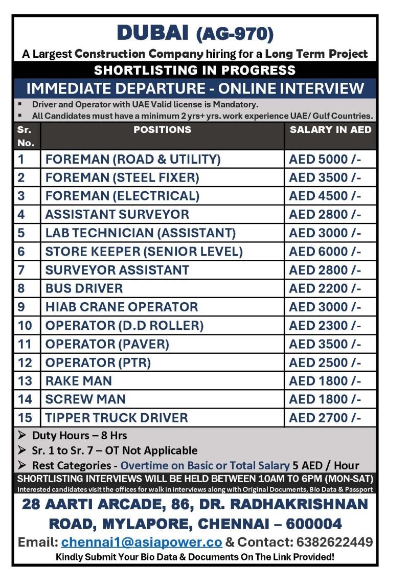 Dubai Jobs 2026 : Hiring Urgently For Largest Construction Company