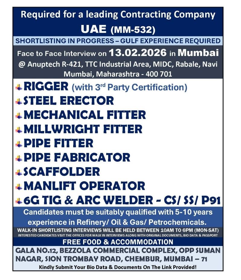 UAE Jobs 2026 : Required Urgently For Leading Contracting Company