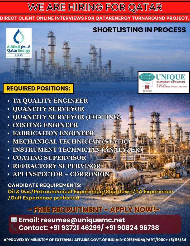 Hiring for Qatar – Oil & Gas Shutdown Project - Free Recruitment | Shortlisting in Progress