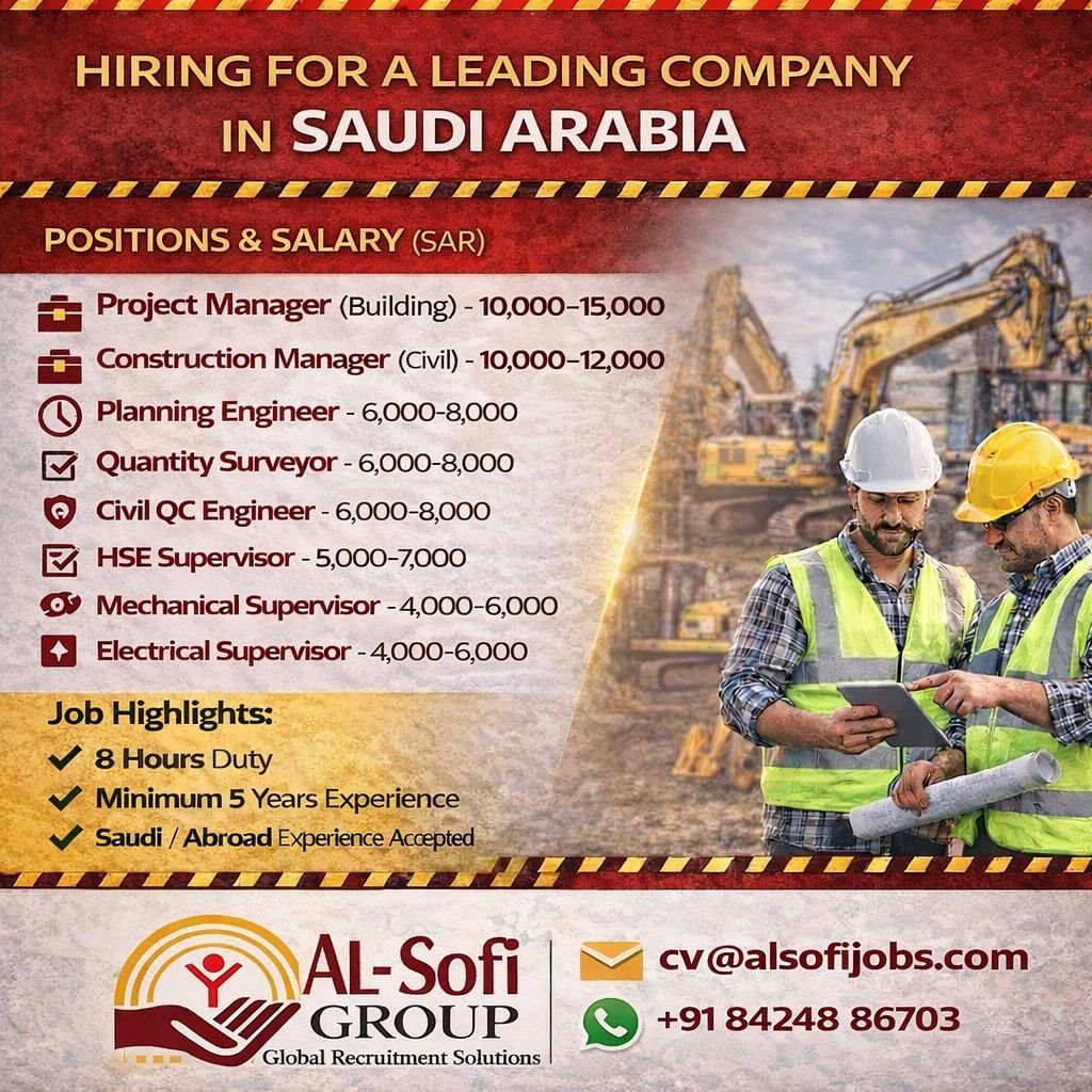 Urgent Hiring for a Leading Construction Company in Saudi Arabia – Multiple Engineering & Management Jobs