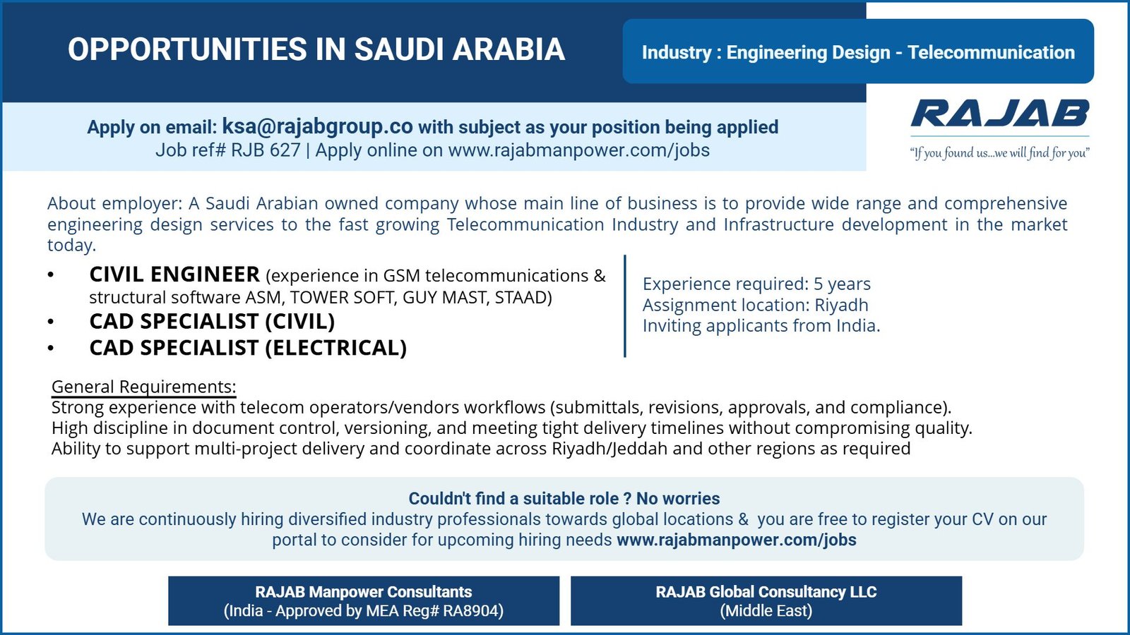 Jobs in Saudi Arabia : Telecommunications - Engineering Design Industry - Apply Now