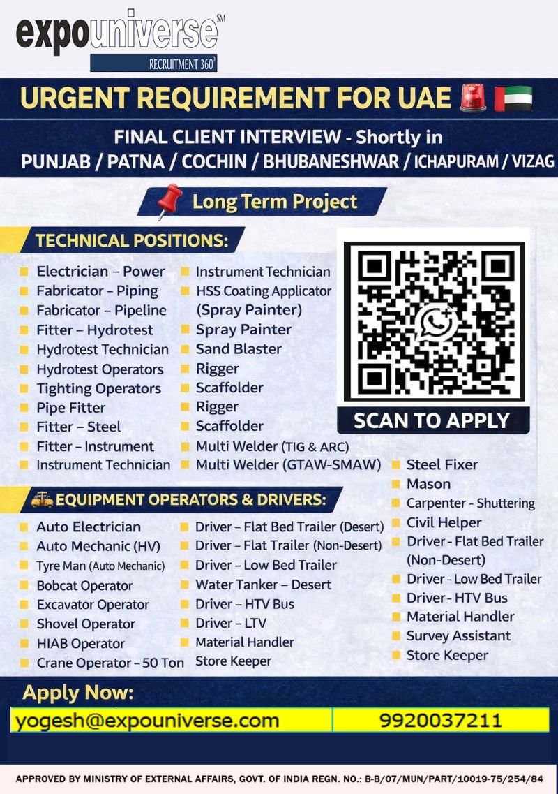 Urgent UAE Recruitment 2026 – Long Term Project | Technical, Welders, Drivers & Equipment Operators | Final Client Interview in India