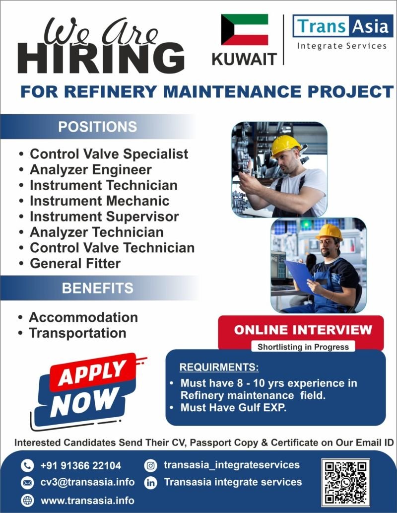 Kuwait Refinery Maintenance Jobs 2026 | Online Interview