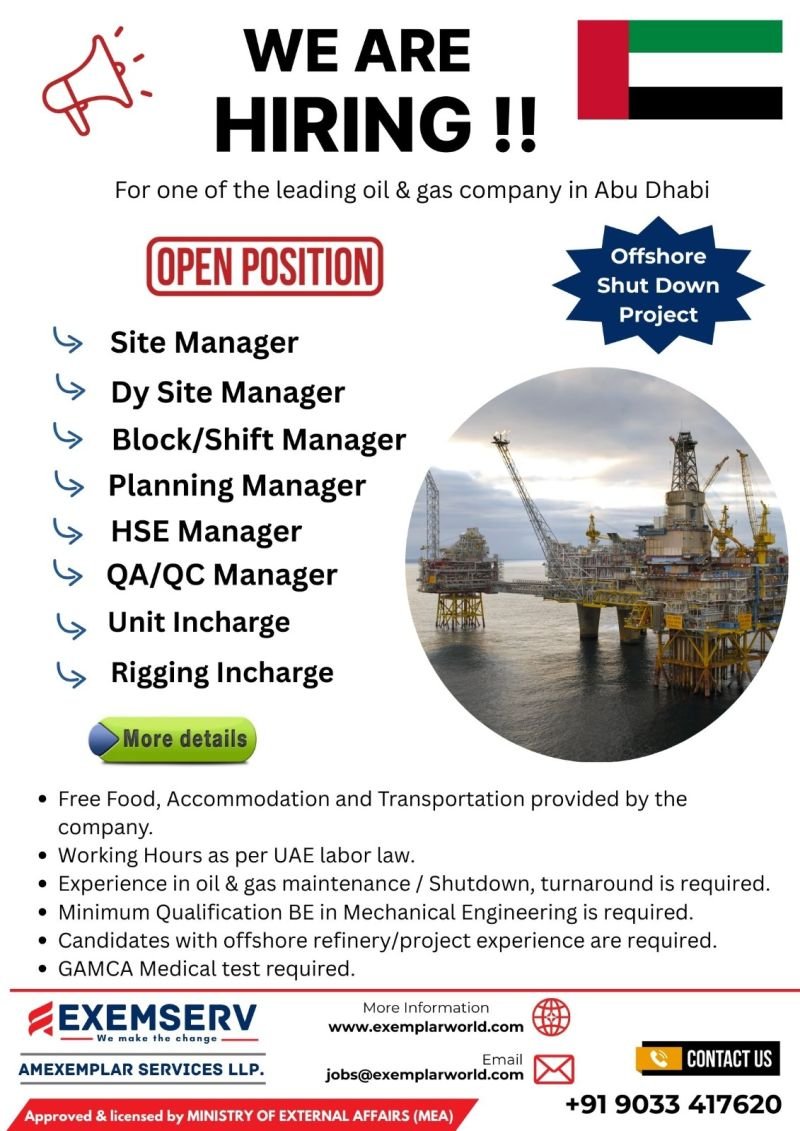 Abu Dhabi Offshore Shutdown Jobs 2026 – Site Manager, HSE Manager, QA/QC Manager & More | Leading Oil & Gas Company