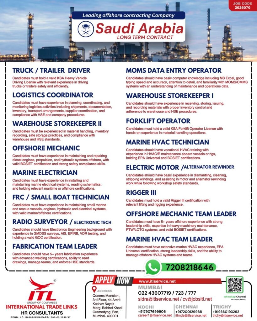 Saudi Arabia Offshore Jobs 2026 – Long Term Contract | Marine, Logistics & Warehouse Vacancies | Leading Offshore Company
