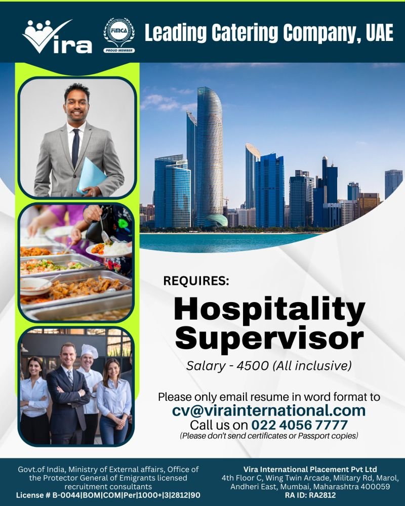 Hiring hospitality Supervisor for UAE 